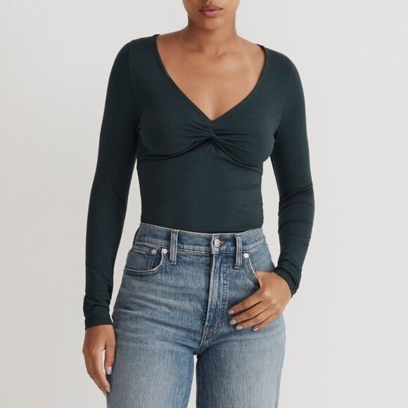 Madewell Twist-Front V-Neck Long Sleeve Fitted Tee Forest Green Size XS NWT - Picture 10 of 10